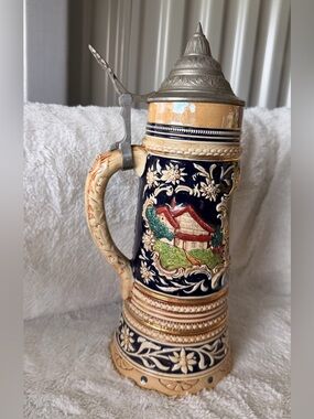 Vintage German Beer Stein Beck’s Brewery Pewter Lid Ornate Ceramic Tankard